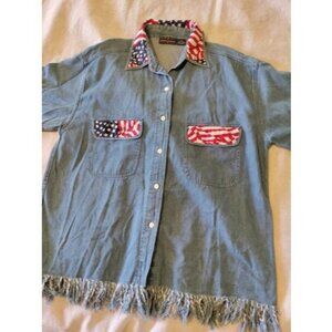 Vintage American Flag Denim Shirt Size Medium Fringe Trim Patriotic